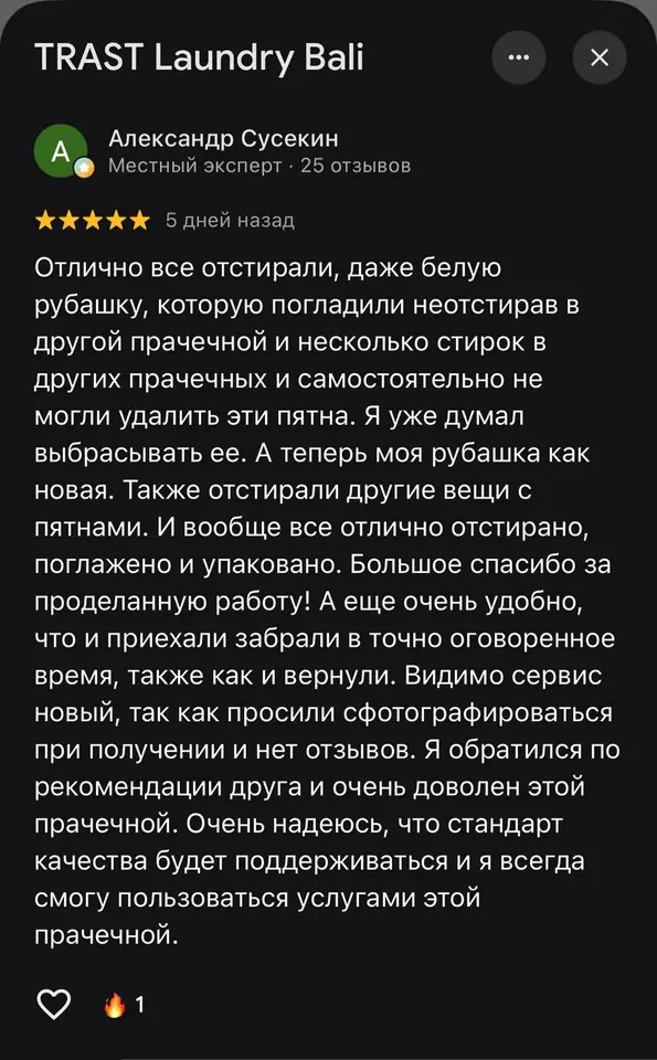 Google Maps review from Alexander for TRAST Laundry Bali