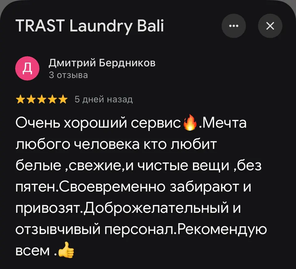 Google Maps review from Dmitry for TRAST Laundry Bali